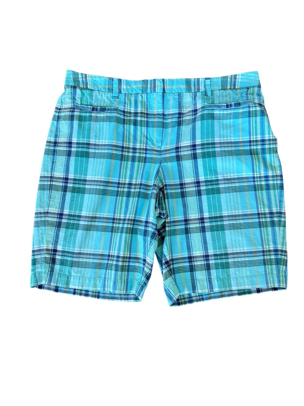 Lands' End Bermuda Chino Shorts Womens Sz 14 Fit 2 Blue Green Plaid Golf Preppy